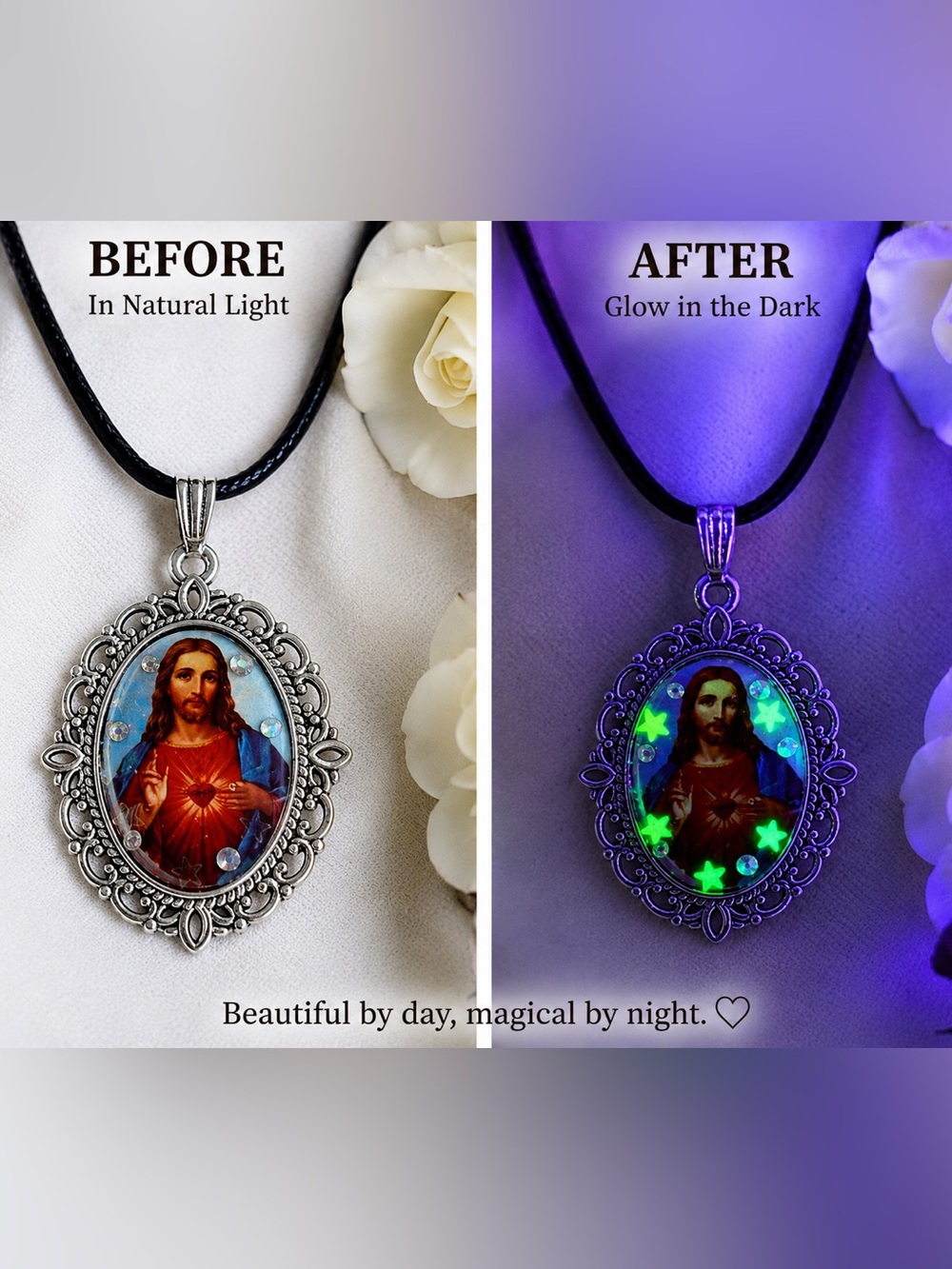 Glow-in-the-Dark Religious Pendant Necklace in Silver with Black Cord